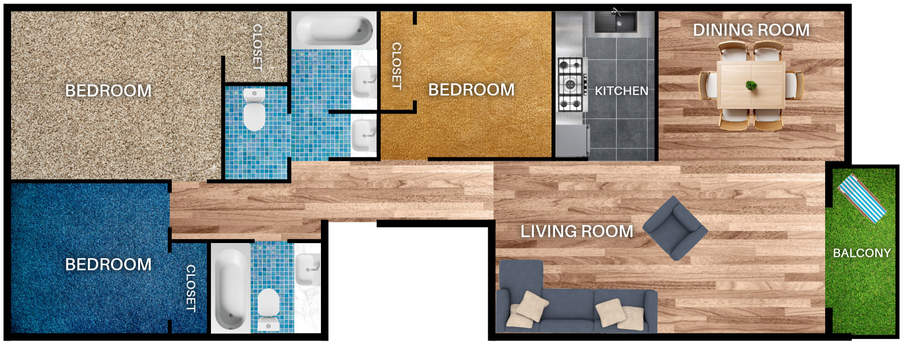 Floorplan with three bedrooms with closets, two full bathrooms, a kitchen, a large area featuring a living room and a dining room, and a balcony